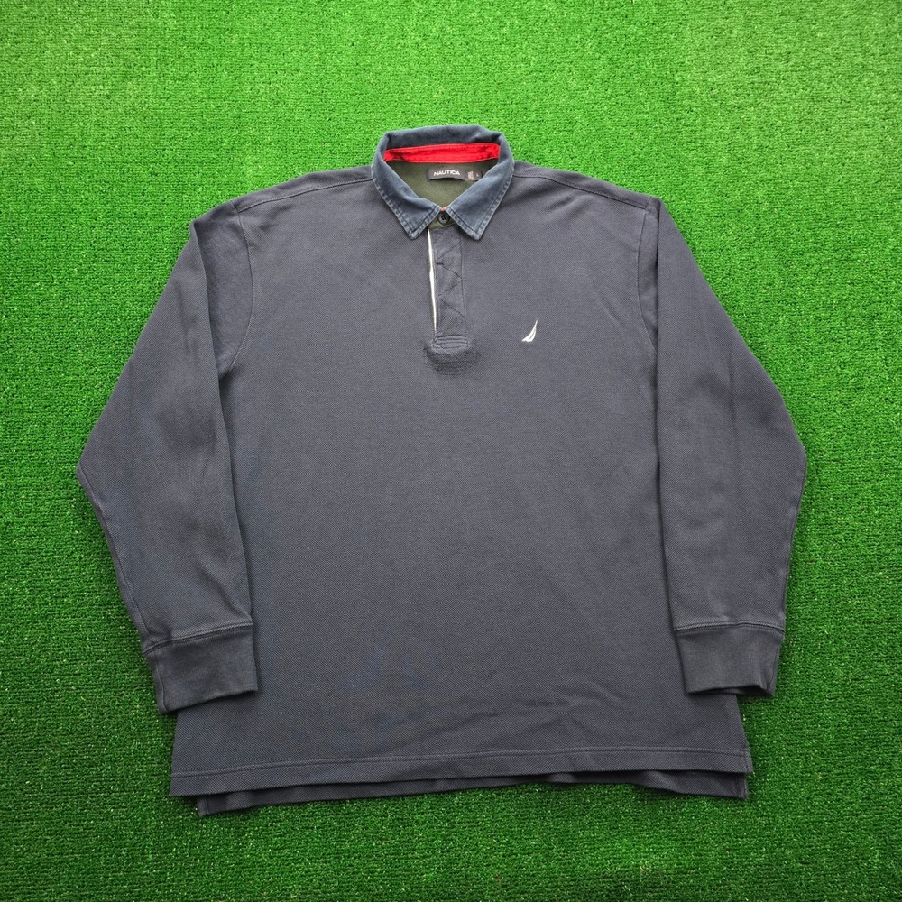 Nautica Polo Shirt Mens Large Navy Blue‎ Rugby Pullover Long Sleeve Casual